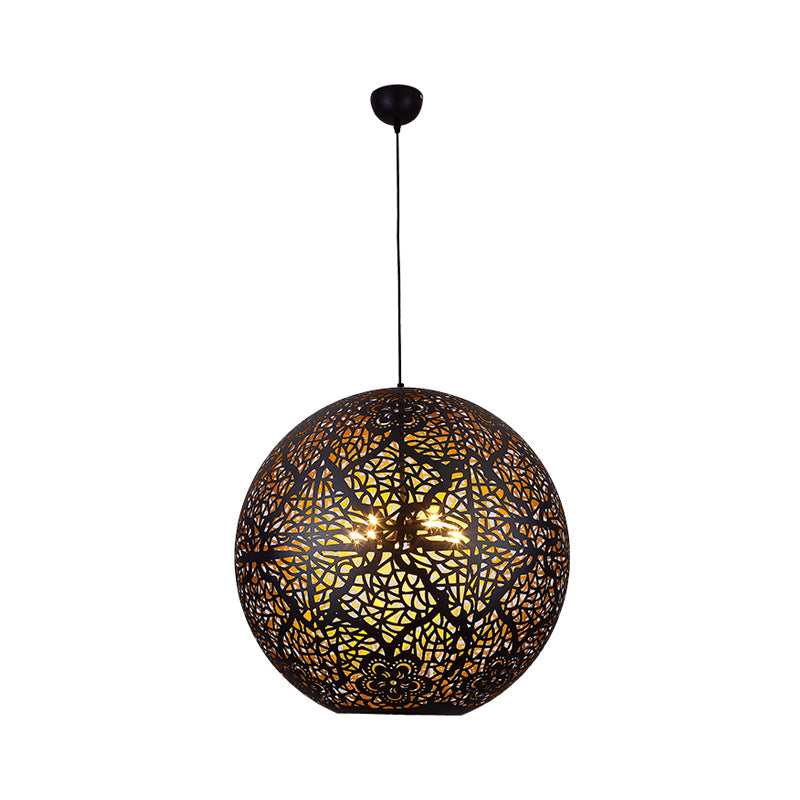 Globe Dining Room Pendant Chandelier Arab Iron 3 Lights Black Ceiling Suspension Lamp with Hollow-Out Design