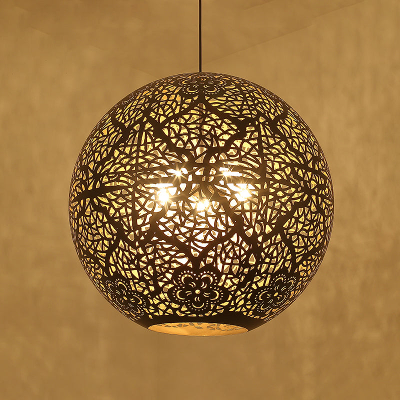 Globe Dining Room Pendant Chandelier Arab Iron 3 Lights Black Ceiling Suspension Lamp with Hollow-Out Design