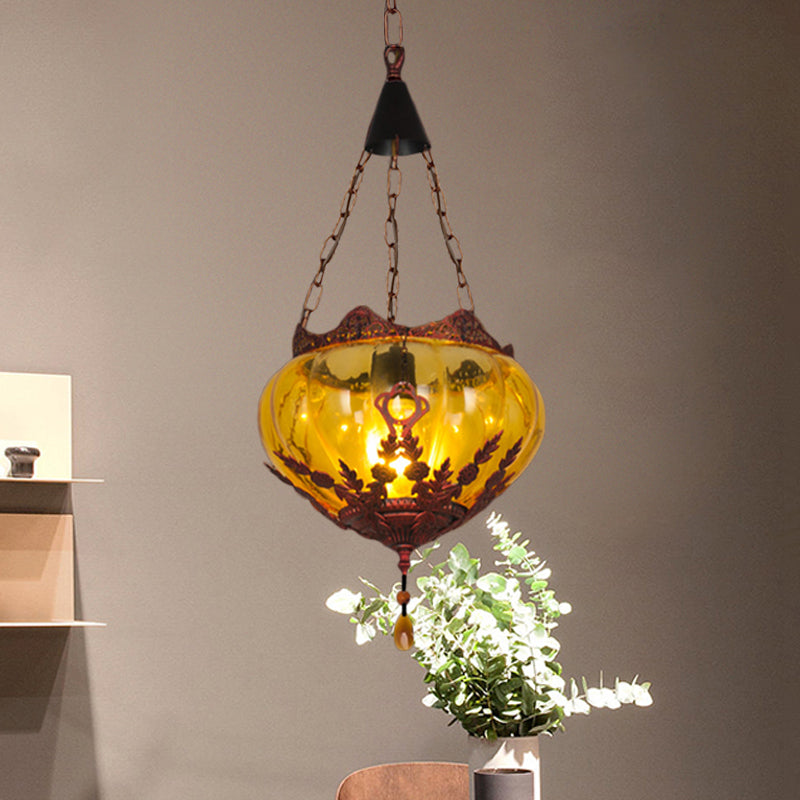 Lantern Restaurant Ceiling Light Country Style Amber Glass 1 Light Rust Pendant Lamp
