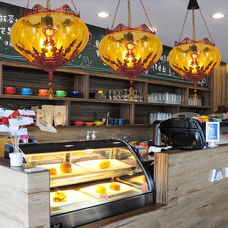 Lantern Restaurant Ceiling Light Country Style Amber Glass 1 Light Rust Pendant Lamp