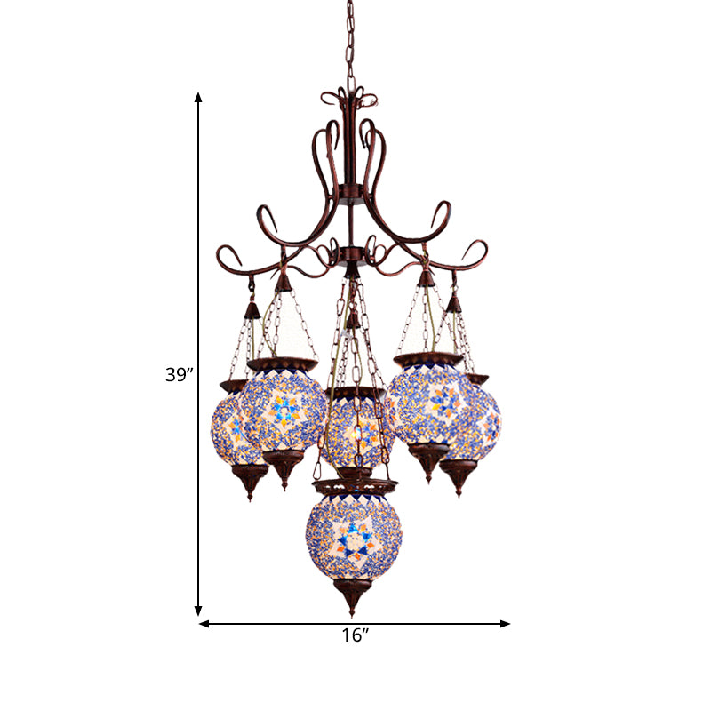 Hand Cut Glass Copper Chandelier Global 6-Light Turkish Pendant Ceiling Light for Dining Room