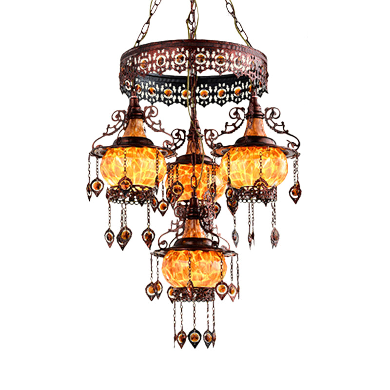 4 Heads Stained Glass Chandelier Bohemia Orange Lantern Living Room Pendant Lighting