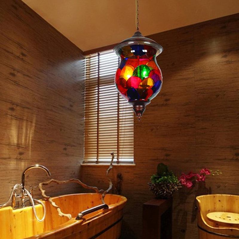 3 Bulbs Red Glass Chandelier Vintage Copper Urn Shape Bathroom Pendant Lighting Fixture