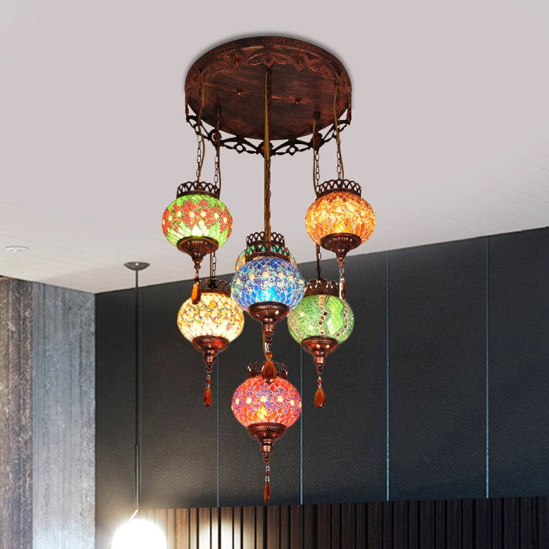 Global Cut Glass Hanging Light Bohemian 7-Head Kitchen Chandelier Lighting Fixture in Copper