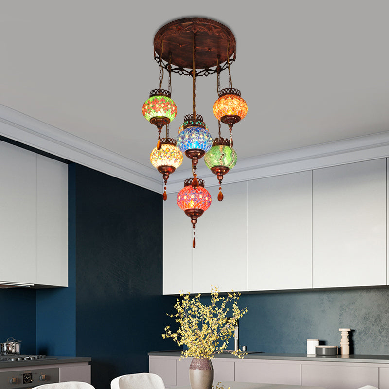 Global Cut Glass Hanging Light Bohemian 7-Head Kitchen Chandelier Lighting Fixture in Copper