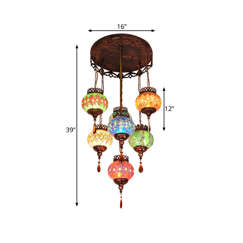 Global Cut Glass Hanging Light Bohemian 7-Head Kitchen Chandelier Lighting Fixture in Copper