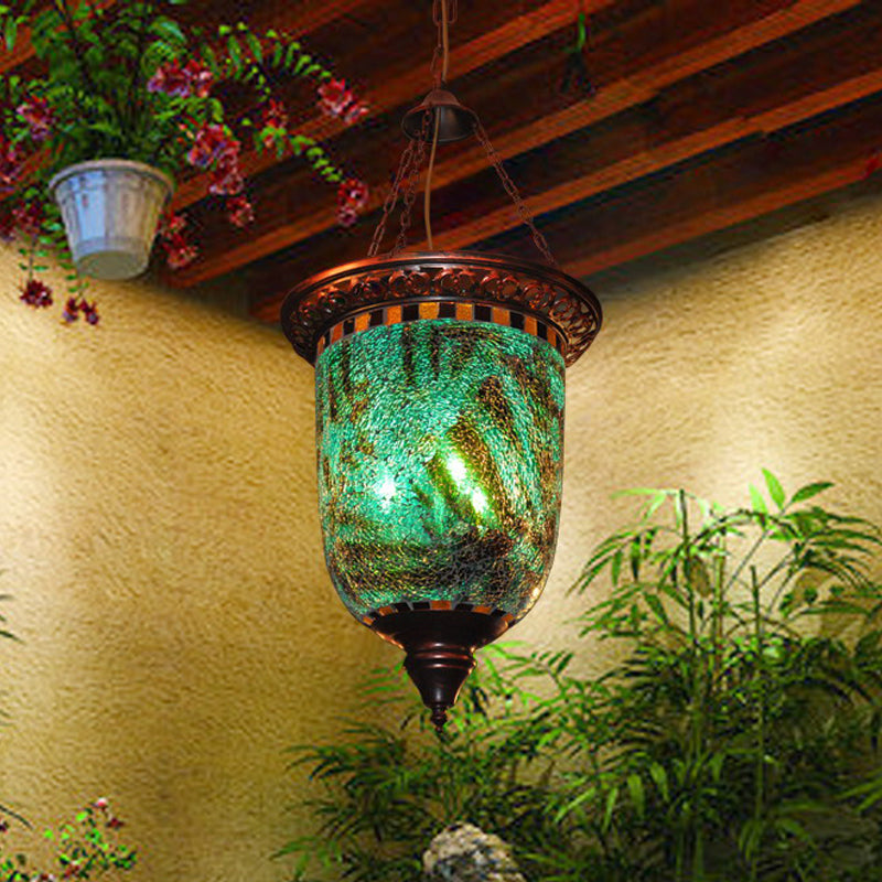 Bohemian Urn Chandelier Light 2 Bulbs Stained Art Glass Pendant Lighting Fixture in Blue for Restaurant