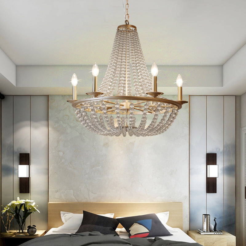 Crystal Beaded Hanging Chandelier Traditional 6 Lights Bedroom Ceiling Pendant in Gold