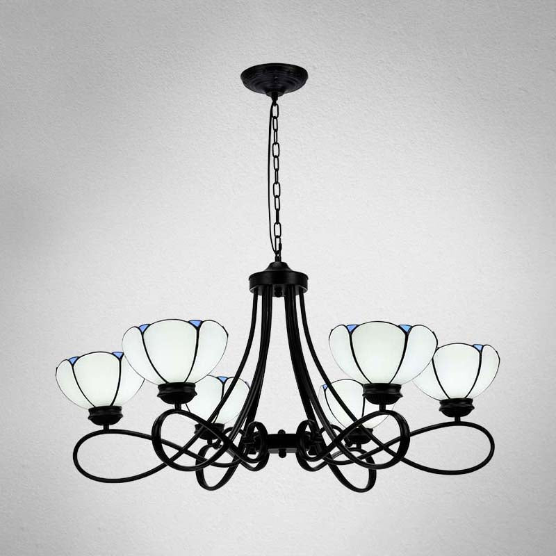 3/5 Lights Scalloped/Cone Hanging Chandelier Baroque White/Yellow/Beige Glass Suspension Lighting for Living Room with Curved Arm