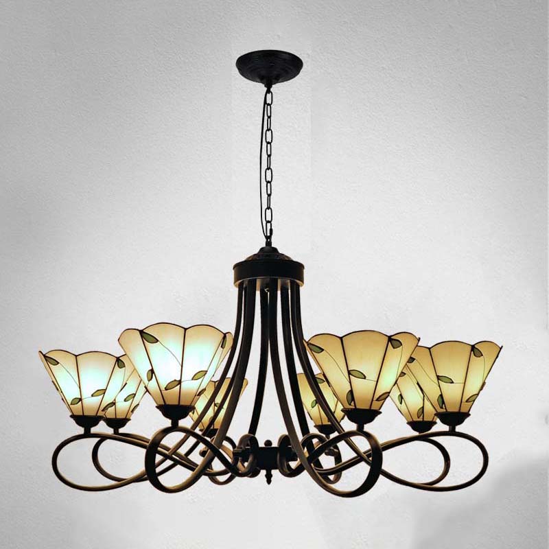 3/5 Lights Scalloped/Cone Hanging Chandelier Baroque White/Yellow/Beige Glass Suspension Lighting for Living Room with Curved Arm