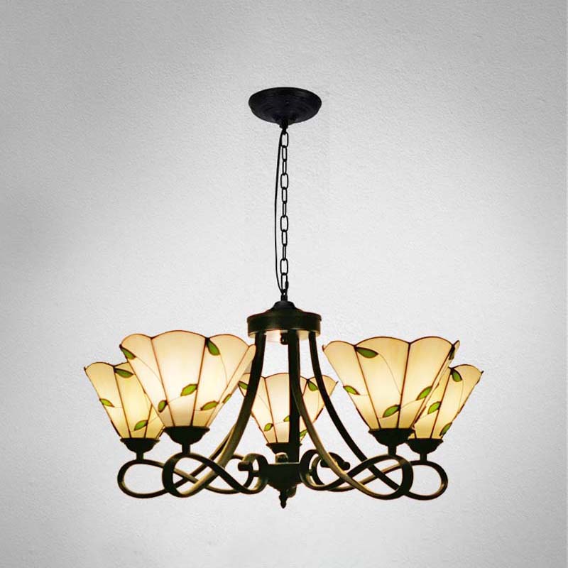 3/5 Lights Scalloped/Cone Hanging Chandelier Baroque White/Yellow/Beige Glass Suspension Lighting for Living Room with Curved Arm