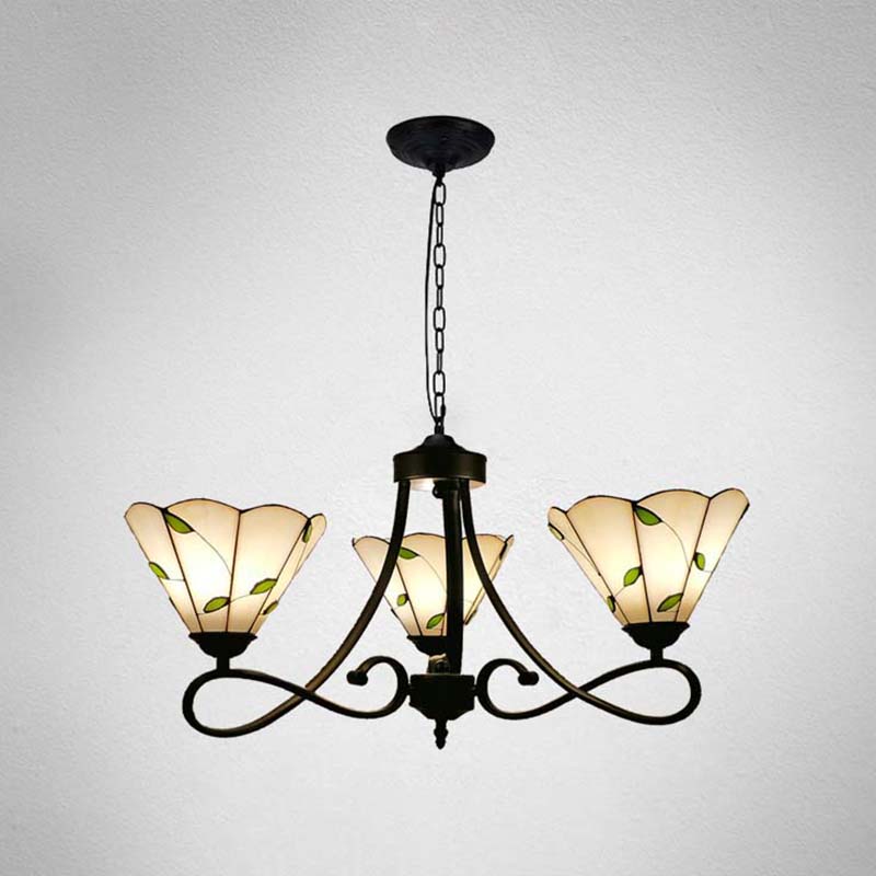 3/5 Lights Scalloped/Cone Hanging Chandelier Baroque White/Yellow/Beige Glass Suspension Lighting for Living Room with Curved Arm