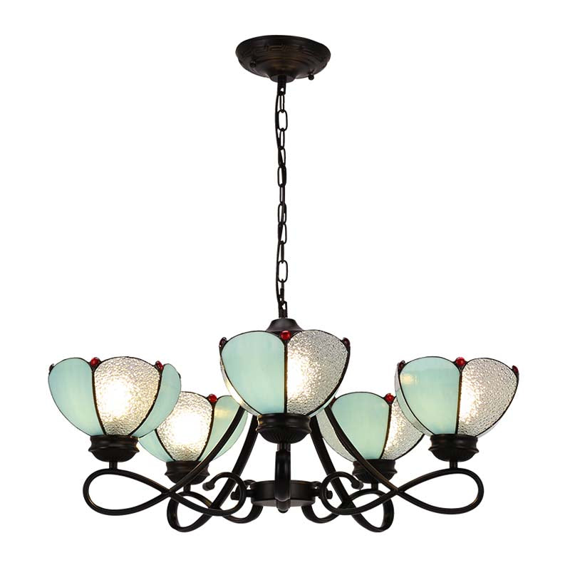 3/5 Lights Scalloped/Cone Hanging Chandelier Baroque White/Yellow/Beige Glass Suspension Lighting for Living Room with Curved Arm