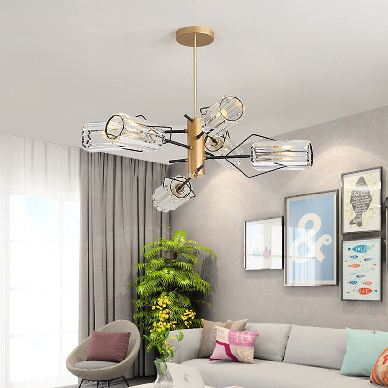 Cylindre Crystal Block Chandelier Light Retro 3/6/8 Bulbes Salon Pendant la lampe en or