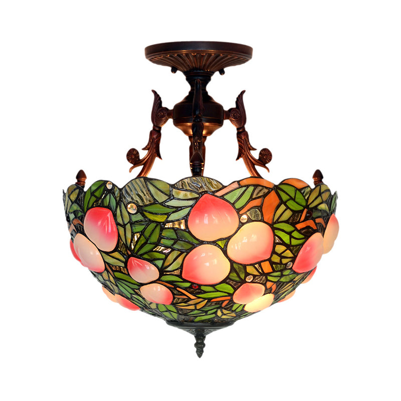 Lampada semifulina vittoriana a cupola a filotto a 3 teste in vetro verde/rosa vetrate/lampada a soffitto a soffitto a motivi per la camera da letto per camera da letto