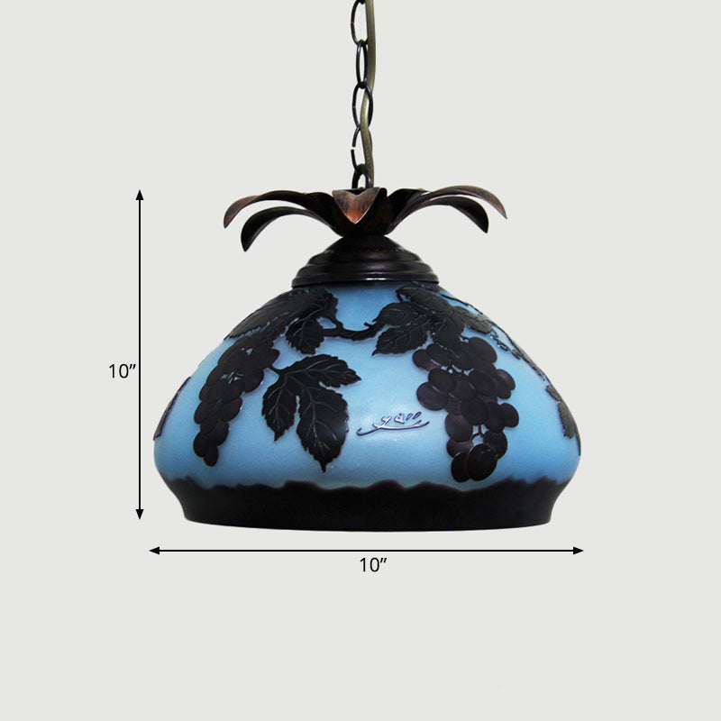 1 Light Pendulum Light Tiffany Tapered White/Yellow/Orange Glass Ceiling Pendant with Grape/Blossom Pattern