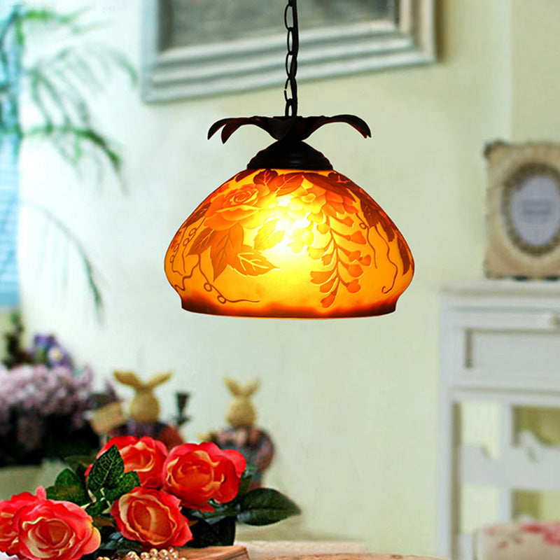 1 Light Pendulum Light Tiffany Tapered White/Yellow/Orange Glass Ceiling Pendant with Grape/Blossom Pattern
