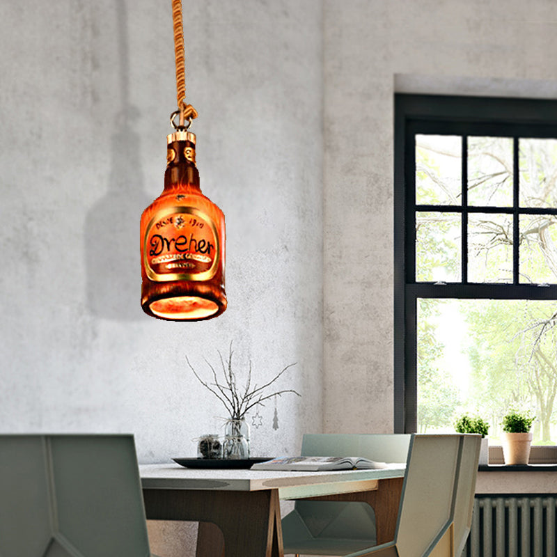 Resin Red/Yellow Drop Pendant Wine Bottle 1 Light Industrial Style Hanging Lamp Kit for Restaurant