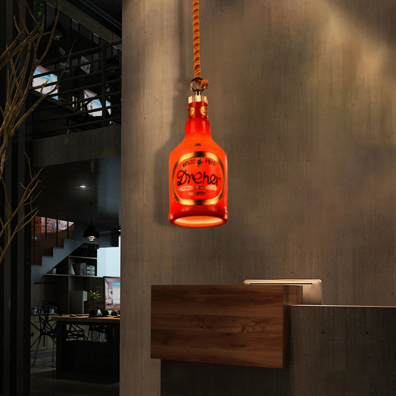 Resin Red/Yellow Drop Pendant Wine Bottle 1 Light Industrial Style Hanging Lamp Kit for Restaurant