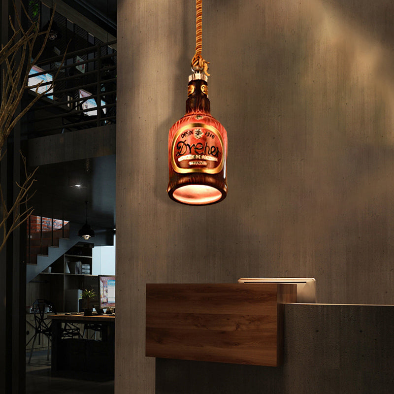 Resin Red/Yellow Drop Pendant Wine Bottle 1 Light Industrial Style Hanging Lamp Kit for Restaurant