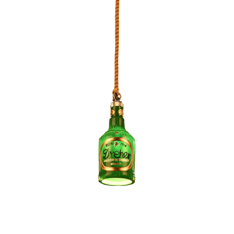 Resin Red/Yellow Drop Pendant Wine Bottle 1 Light Industrial Style Hanging Lamp Kit for Restaurant