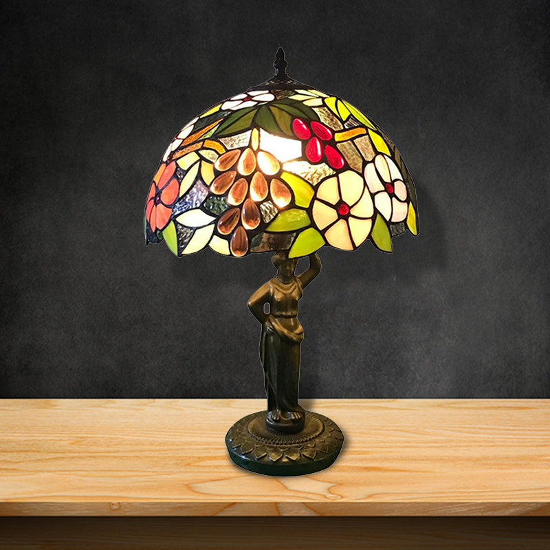 Lampada da scrivania con motivo uccello/uva/fiore con base per donne che lavorano, lampada da scrivania in vetro colorato Tiffany rustico a 1 testa per camera da letto