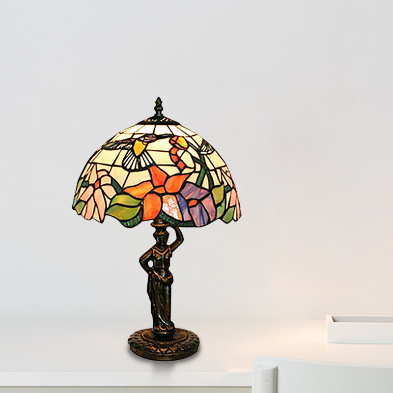 Lampada da scrivania con motivo uccello/uva/fiore con base per donne che lavorano, lampada da scrivania in vetro colorato Tiffany rustico a 1 testa per camera da letto