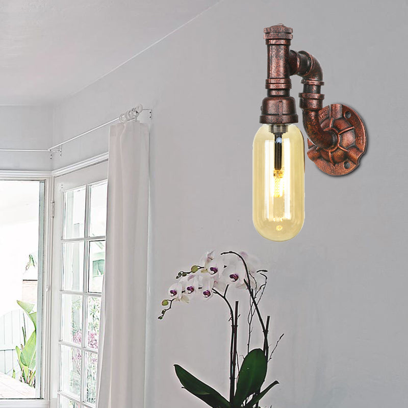 Weathered Copper Capsule Wall Light Rustic Metal 1 Head 9"/10.5"/12" High Bedroom Sconce Lamp with Pipe Design