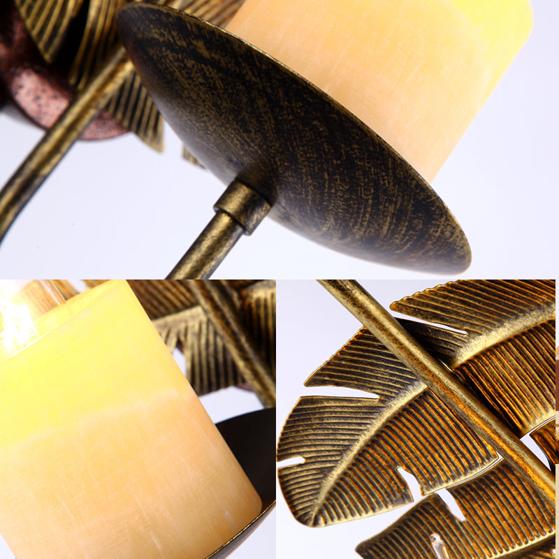 Vintage Leaf Sconce Lighting 1 Bulb Metal Wall Mounted Lamp Fixture in Brass with Cylinder Marble Shade