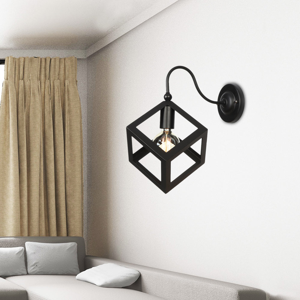 Cube Cage Bedroom Wall Lighting Vintage Metal 1 Bulb Black/Rust Finish Wall Sconce Lamp with Gooseneck Arm