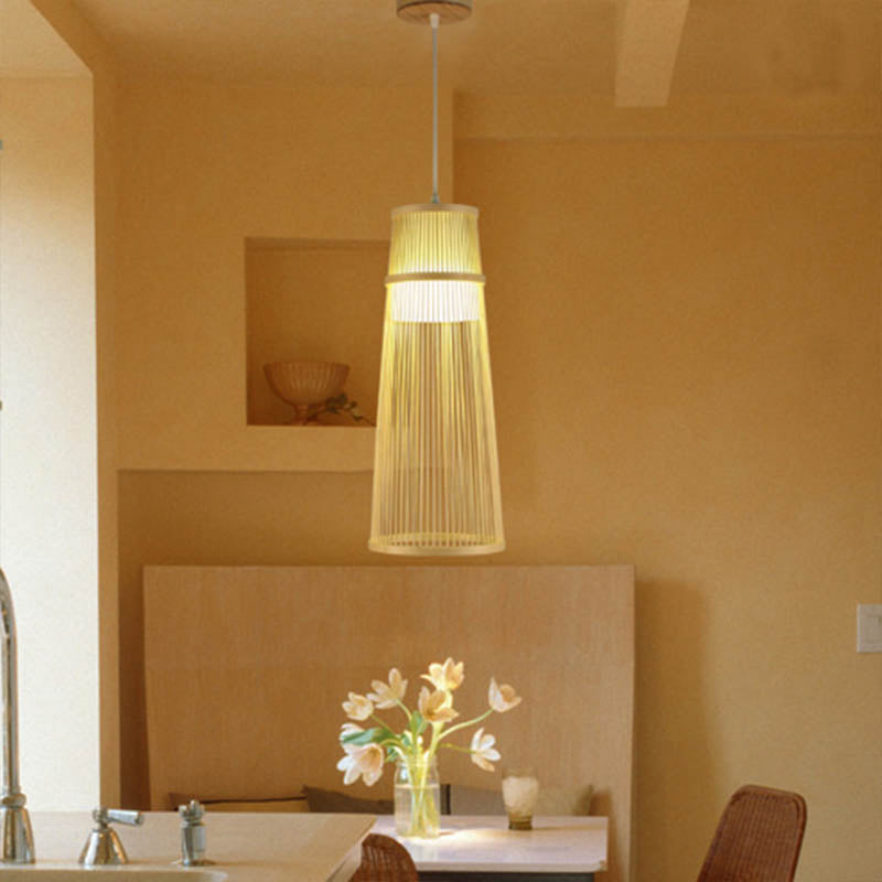 Beige Conical Drop Lamp Asian Style Single Bulb Bamboo Hanging Ceiling Light for Living Room