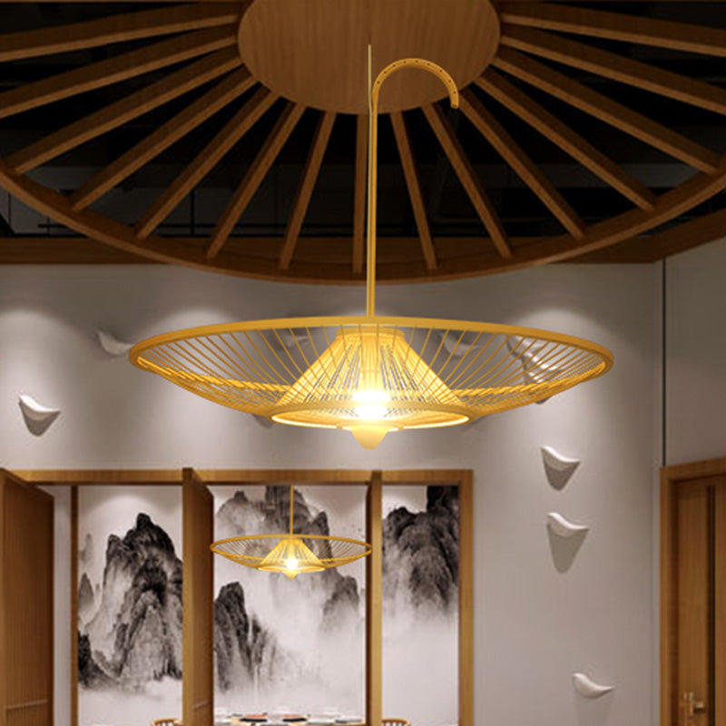 Bambusschirm Down Lighting Anhänger asiatischer Stil Single Birb Beige Suspension Lampe für das Restaurant