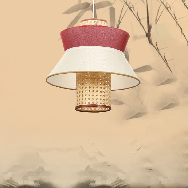 Pink Flared Ceiling Suspension Lamp Asian Style Single Bulb Rattan Hanging Light Kit for Dining Room
