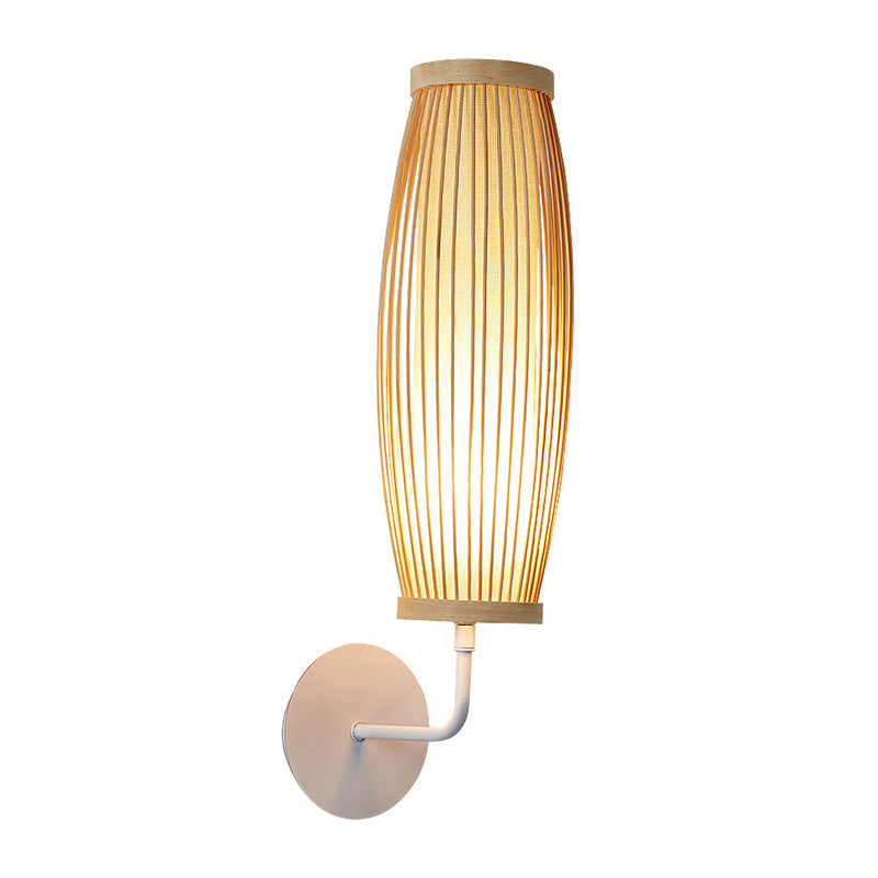 Beige Ellipsoid Wall Lamp Sconce Asian Style Single Bulb Bamboo Wall Lighting for Bedroom