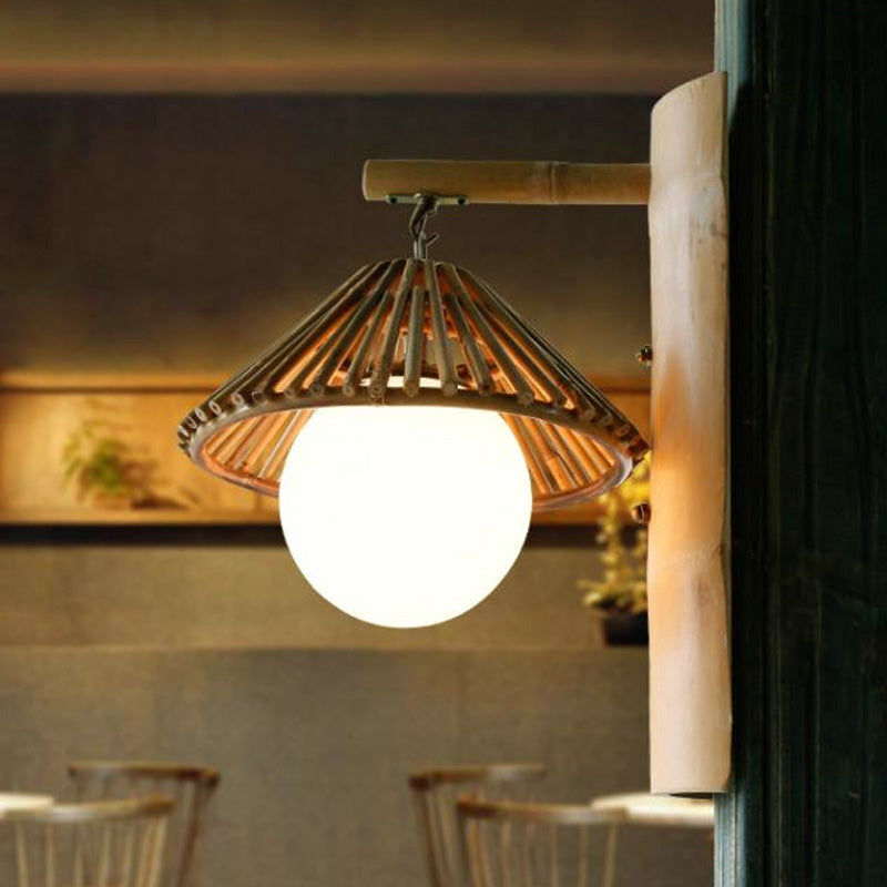 Conical Wall Sconce Lighting Asian Style Bamboo Single Bulb Wood Wall Lamp Fixture with Global White Glass Shade
