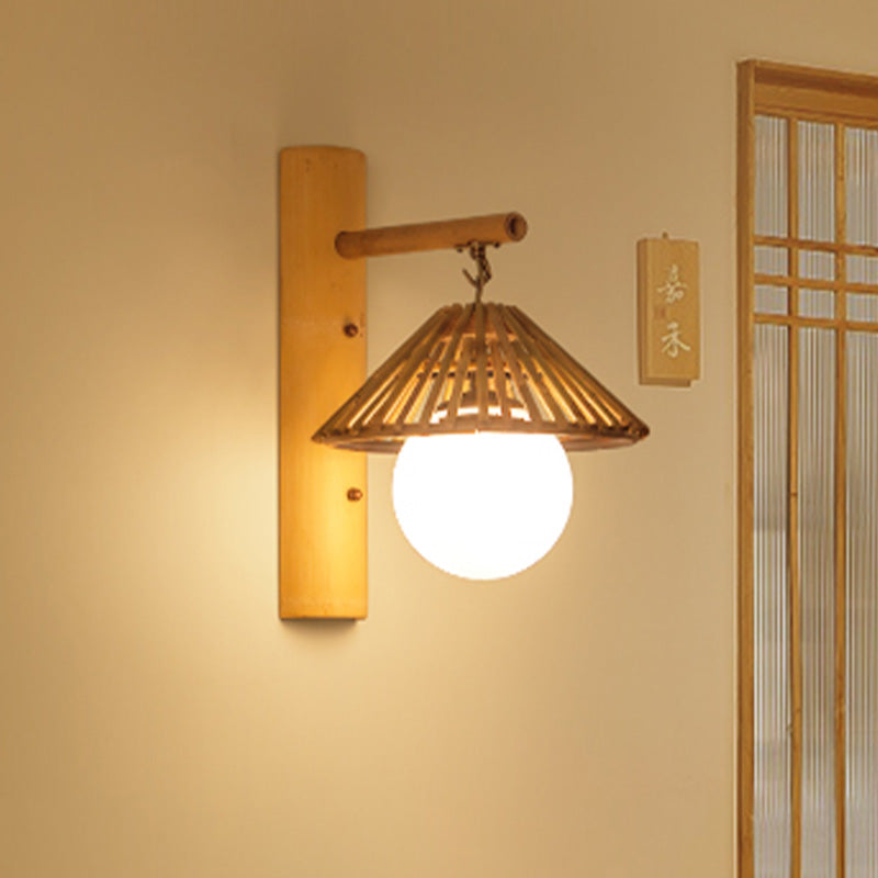 Conical Wall Sconce Lighting Asian Style Bamboo Single Bulb Wood Wall Lamp Fixture with Global White Glass Shade