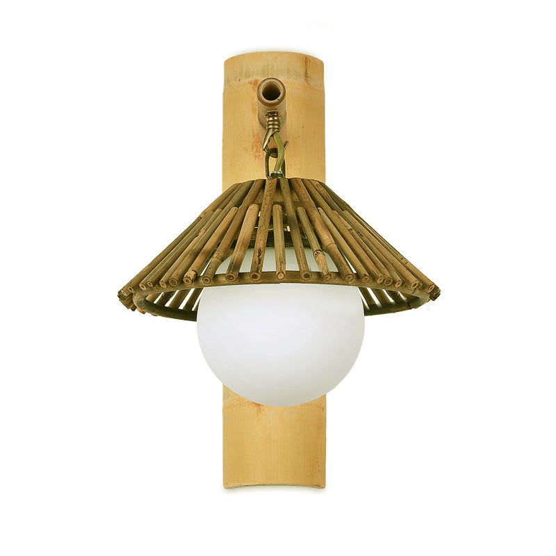 Conical Wall Sconce Lighting Asian Style Bamboo Single Bulb Wood Wall Lamp Fixture with Global White Glass Shade