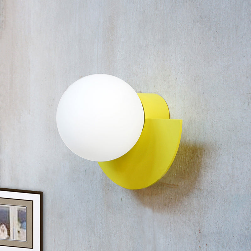 Yellow Half Round Wall Lamp Macaron 1 Bulb Iron Sconce Lighting with Ball Opal Glass Shade