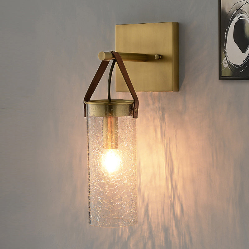 Postmodern Cylindrical Sconce Ideas Clear Crack Glass 1 Head Dining Room Wall Mounted Lamp in Brass with Leather Strap