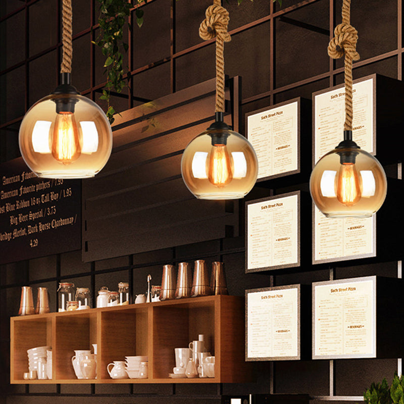 Amber/Clear Glass Ball Hanging Lighting Industrial 1 Head Restaurant Ceiling Pendant Lamp with Rope Rod