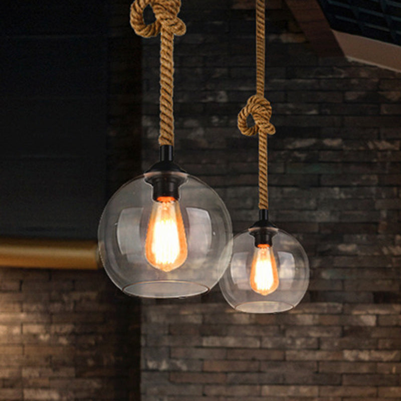 Amber/Clear Glass Ball Hanging Lighting Industrial 1 Head Restaurant Affermare lampada a sospensione con corda di corda