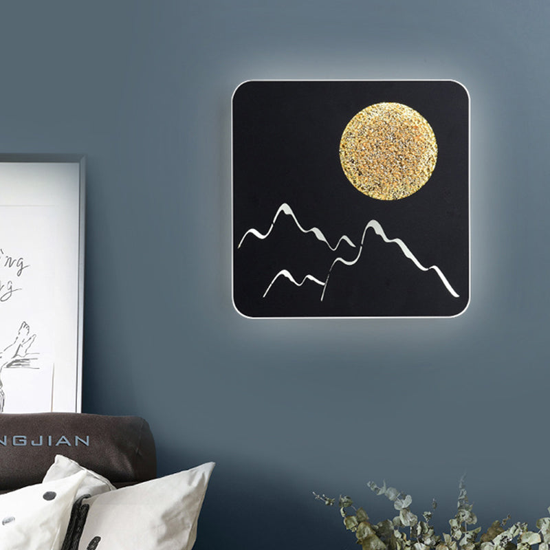 Mini Round/Square Thin LED Flush Mount Nordic Metal Bedroom Wall Light Sconce in Black/White/Grey with Full Moon-Mountain Pattern