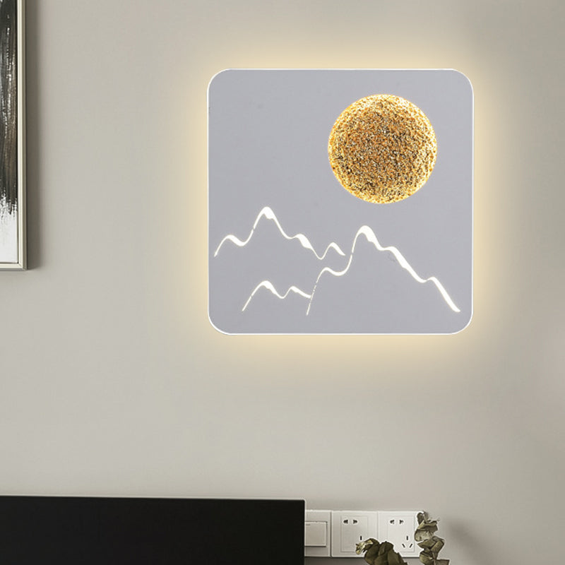 Mini Round/Square Thin LED Flush Mount Nordic Metal Bedroom Wall Light Sconce in Black/White/Grey with Full Moon-Mountain Pattern