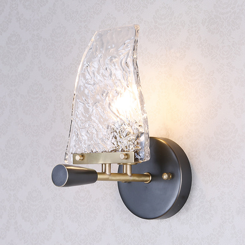 Textured Glass Sail Ship Wall Light Minimalist Novelty 1 Bulb Black Sconce Fixture for Bedroom