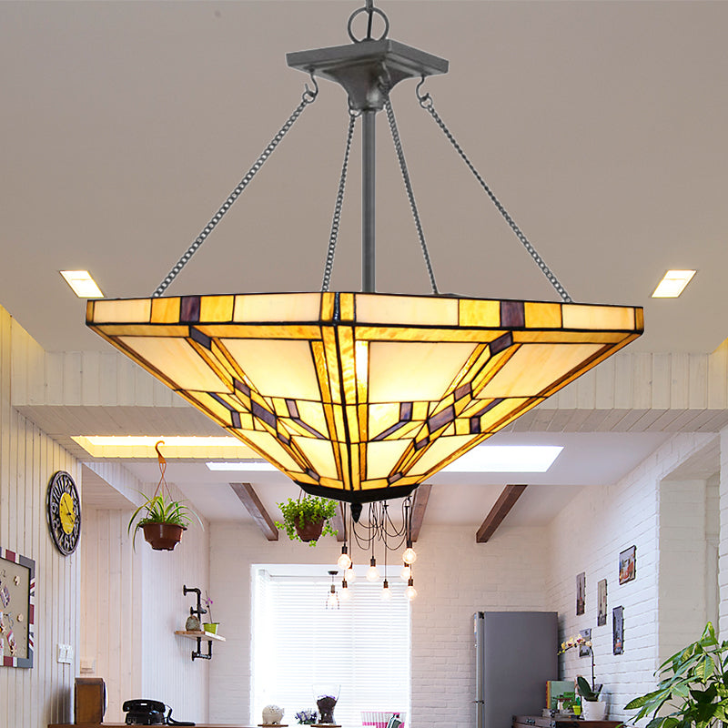 19.5"/27.5" Wide Tiffany Vintage Pyramid Chandelier Stained Glass Inverted Pendant Light in Beige for Bedroom