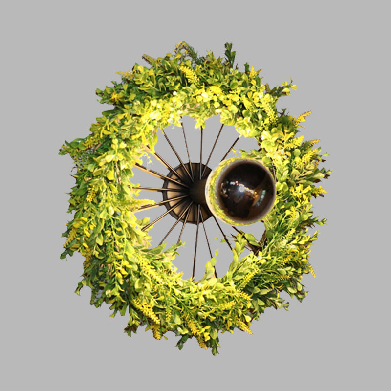 Green Wheel Wall Light Fixture Factory Iron 1 Bulb Restaurant Plant Wall Sconce Lighting Fixture, 16"/19.5" H