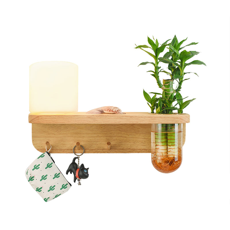 Frostedglas Holz Wandleuchte zylindrisch 1-Fulb Industriewandlampe mit Pflanzenbehälter