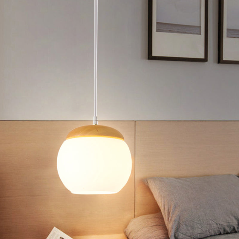 Sphere Hanging Light Fixture Simple Milky Glass 1-Head Wood Drop Pendant for Bedside