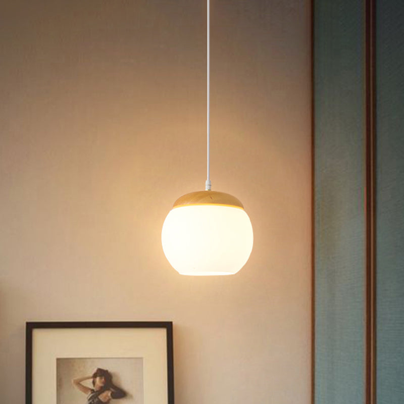 Bol hangende lichtarmatuur eenvoudig melkachtig glas 1-hoofd houten druppel hanger voor bed