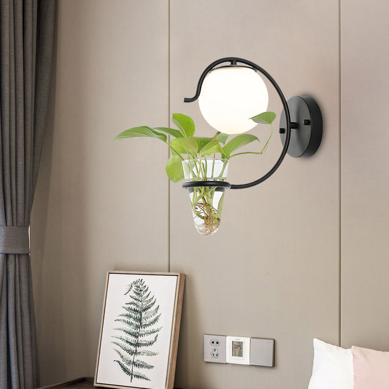 Cream/Smoke Gray Glass Orb Sconce Vintage 1-Bulb Bedroom Wall Lamp in Black/Gold with C-Shaped Arm and Plant Cup